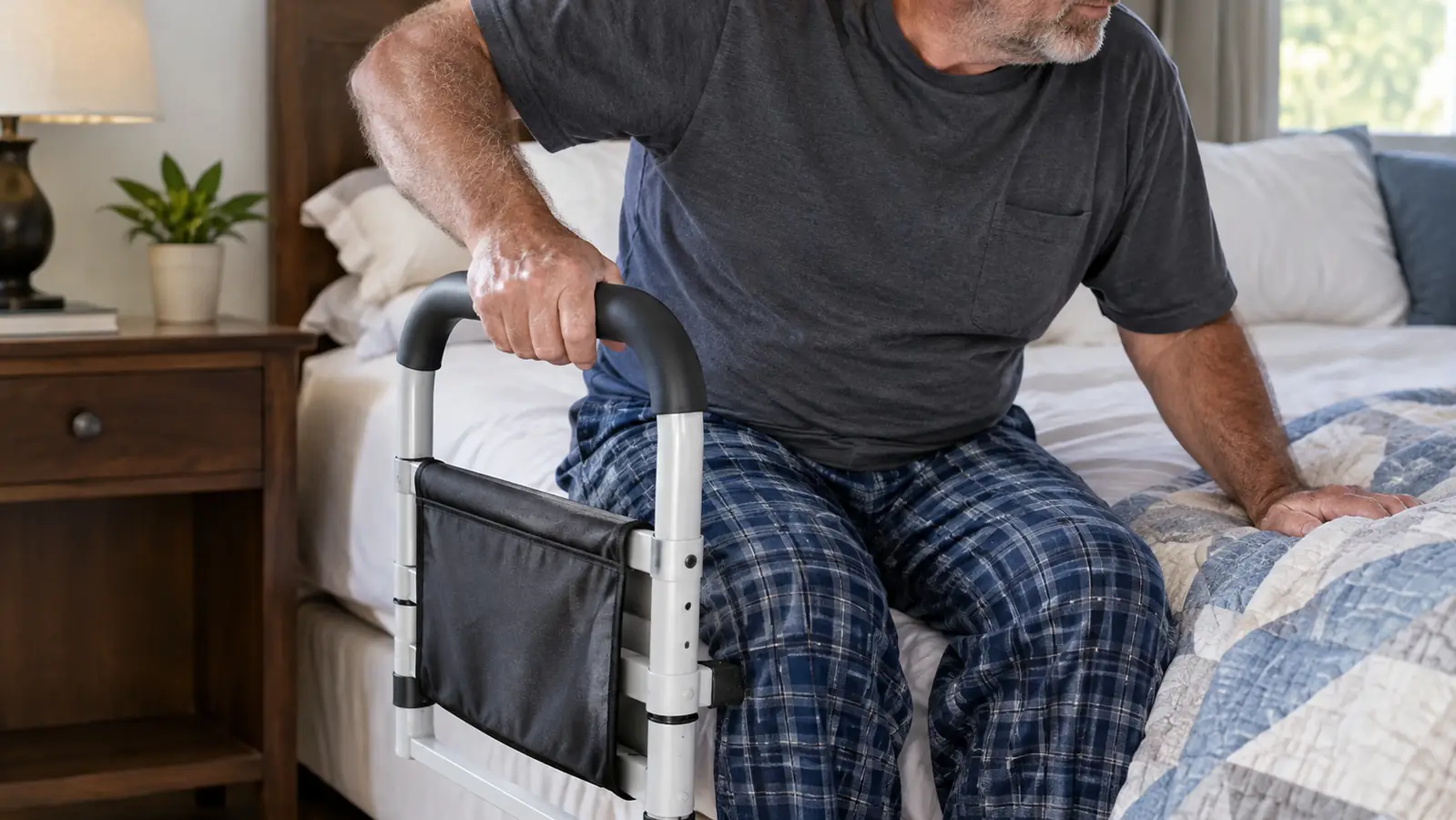 Hand gripping a bed rail while sitting up on the edge of the bed