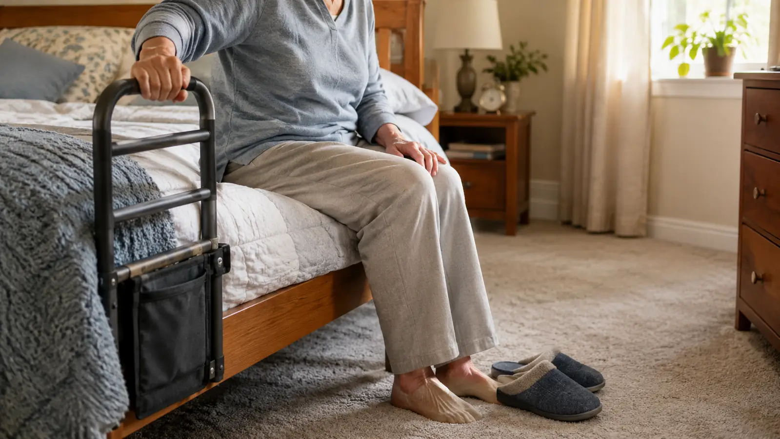 Older adult sitting on the edge of the bed with one hand resting on a bed rail, slippers on the floor
