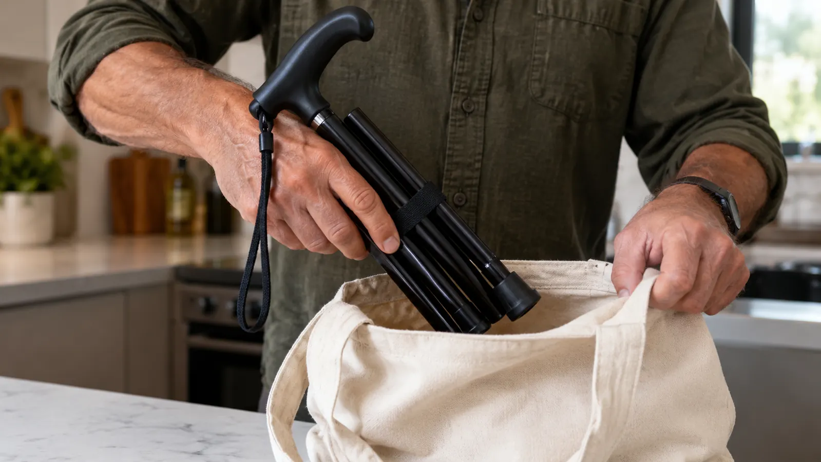 Hands folding a cane closed and tucking it into a canvas tote bag