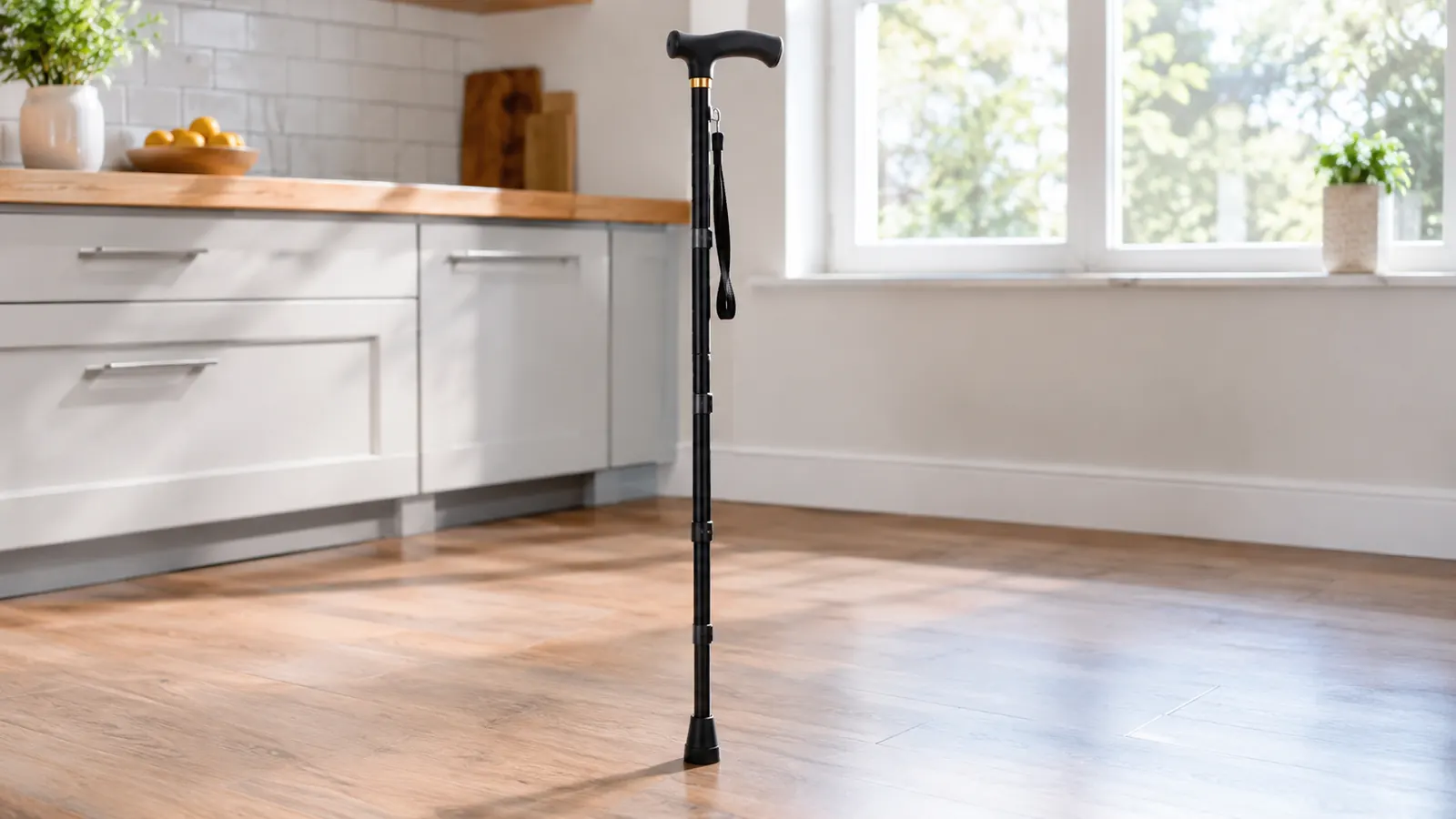 A folding cane standing upright on a laminate kitchen floor beside a counter