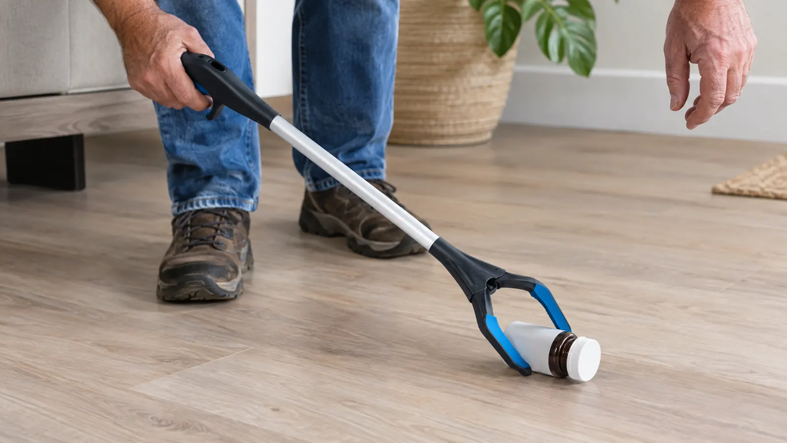 A hand gripping the handle of a reacher tool while the claw end holds a small plastic bottle near the floor