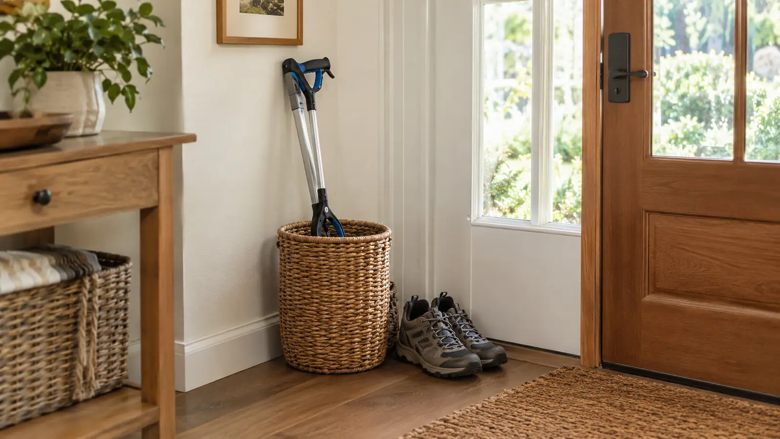 A reacher tool folded and stored upright in a basket by a front door beside a pair of walking shoes
