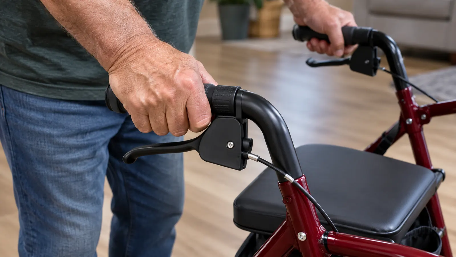A hand gripping a rollator handle with a parking brake lever in the foreground