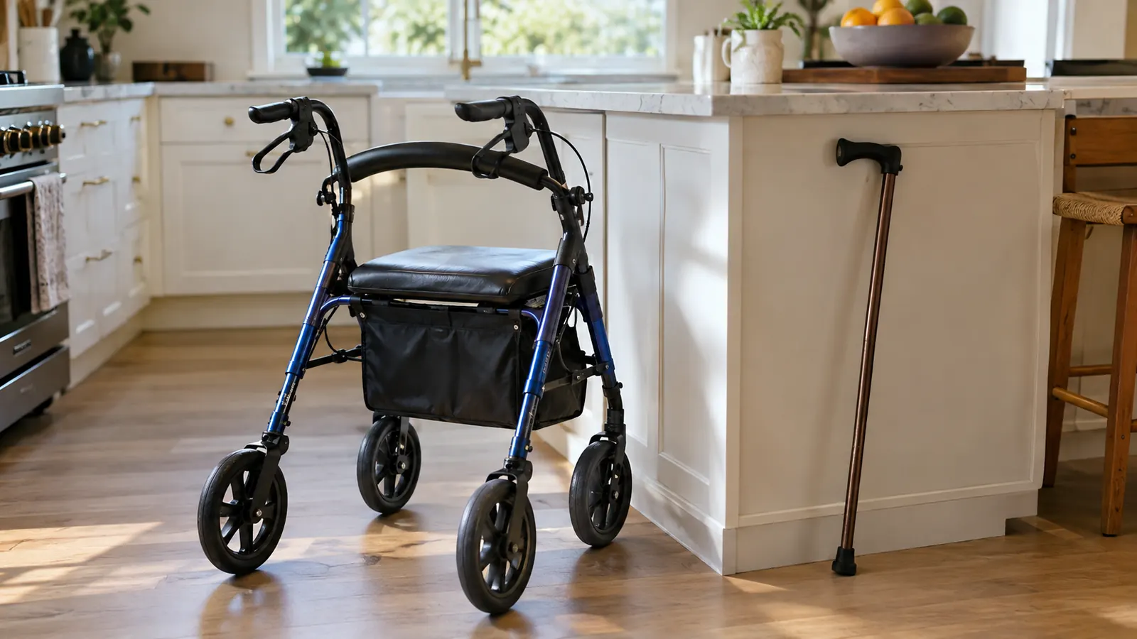 A rollator parked beside a kitchen counter with a cane leaning nearby