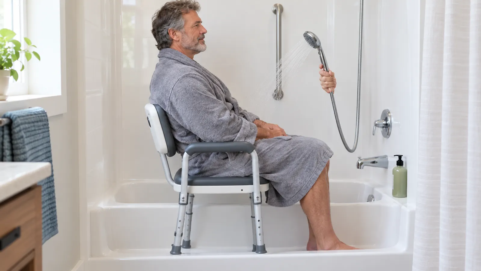A shower chair with padded armrests and a backrest positioned inside a tub-shower combo, with a handheld showerhead hanging nearby