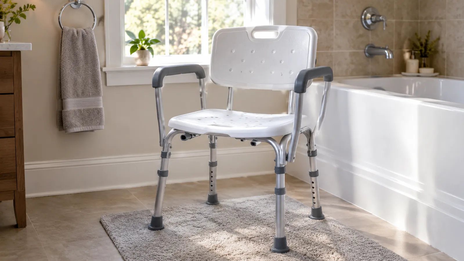 A shower chair with padded armrests and a backrest standing on a bath mat beside a tub, with a folded towel and a plant on a windowsill