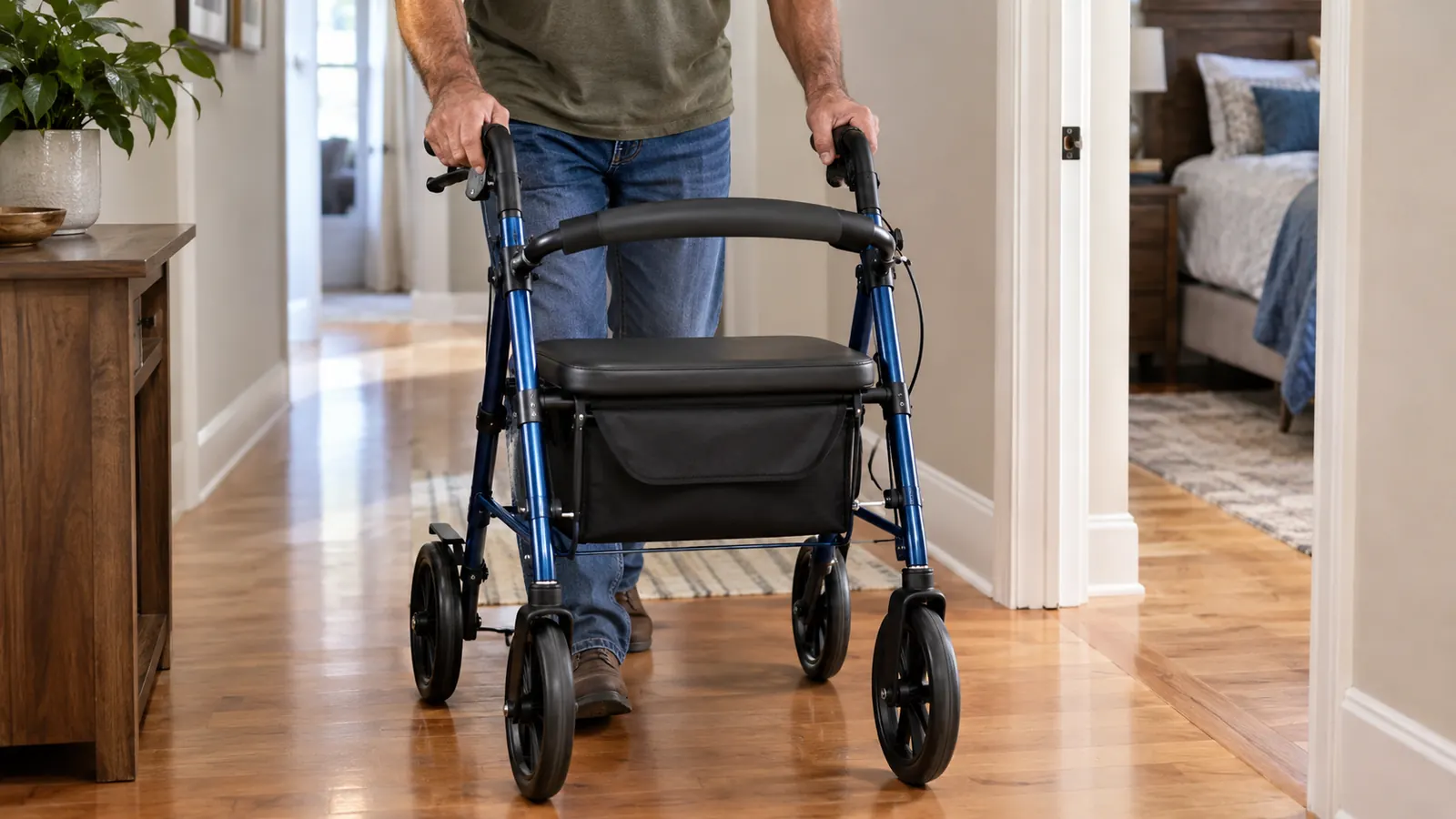 Hands gripping the handles of a rollator in a hallway.