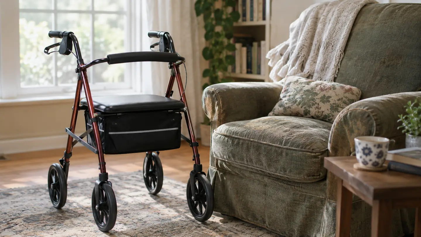 A rollator with a seat parked beside an armchair in a bright living room.