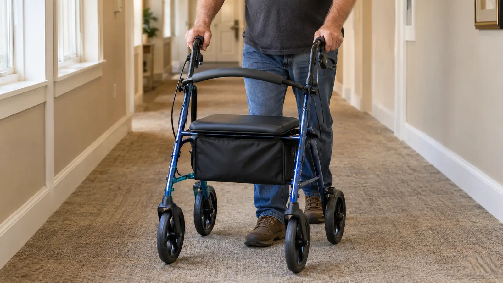 Hands gripping the handles of a rollator walker in a carpeted hallway