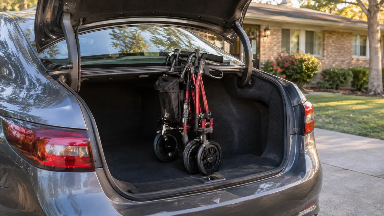 A folded rollator walker standing in the open trunk of a sedan