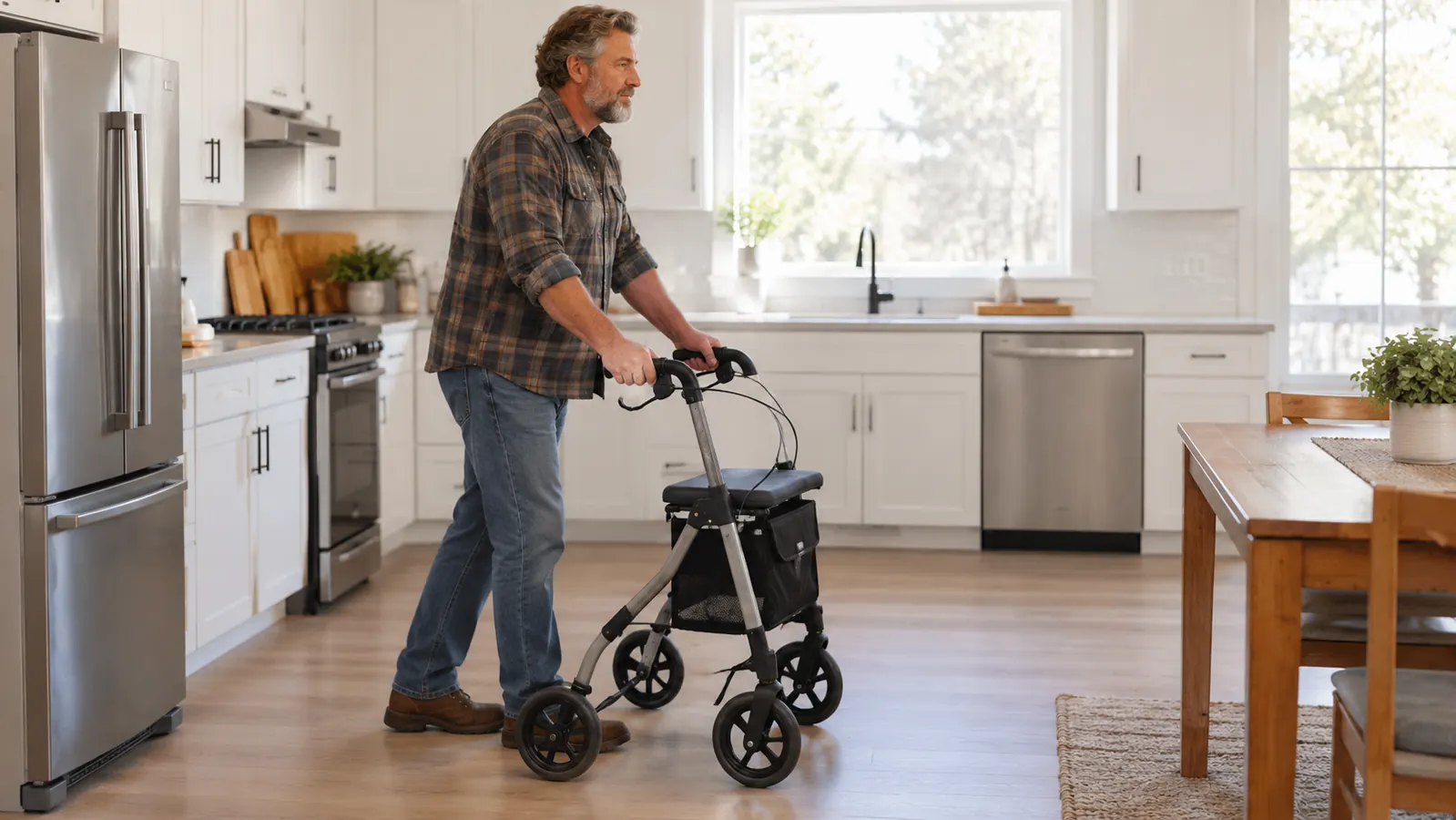An older adult gripping the handles of a rollator walker in a laminate-floored kitchen