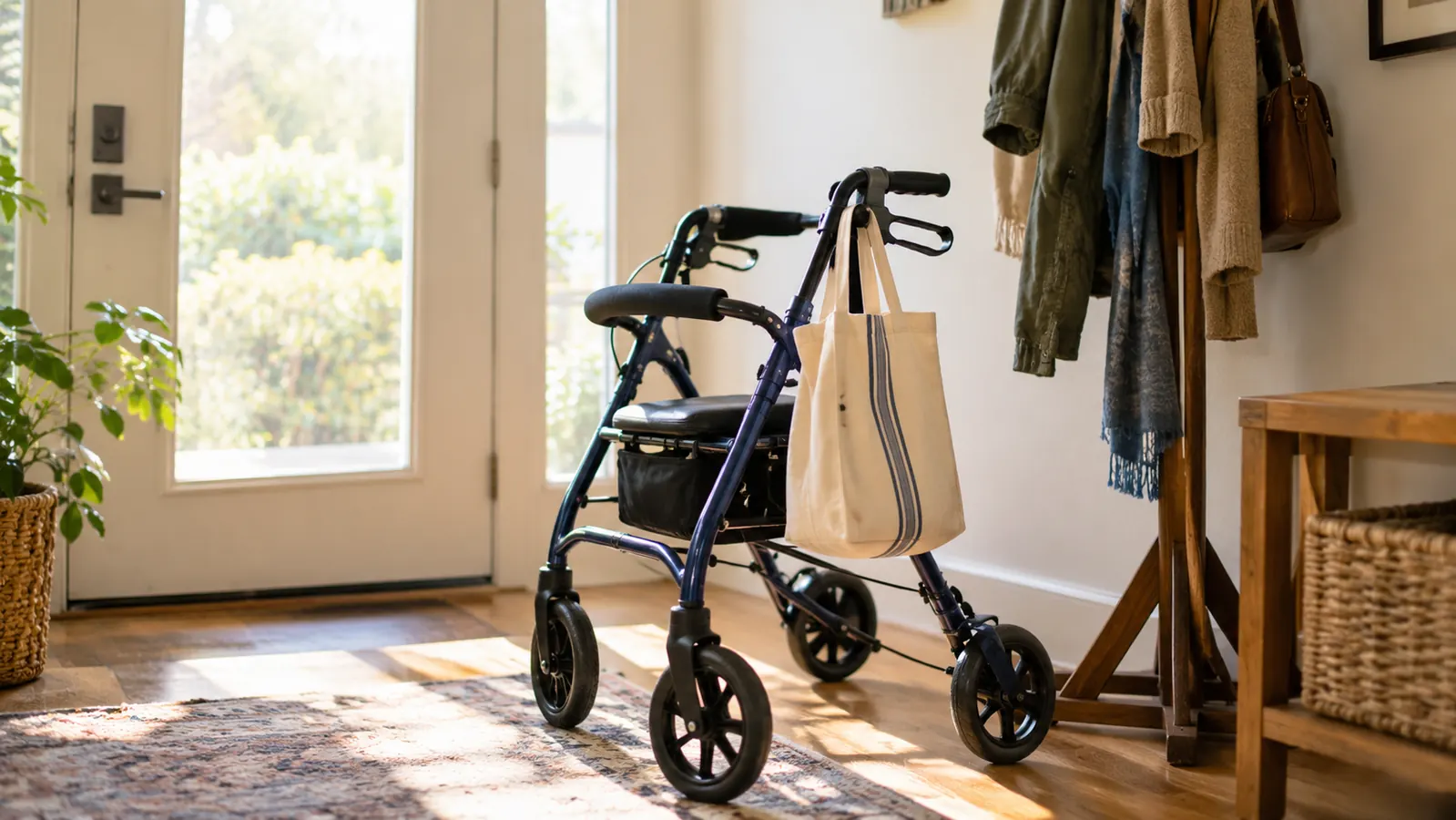 A rollator walker parked in a bright front hall with a tote bag hanging from one handle