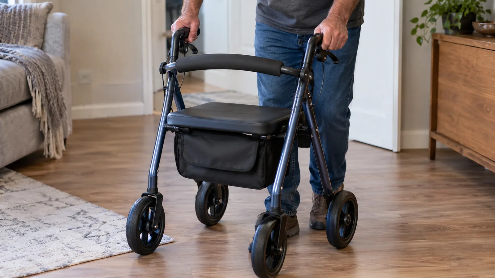 Hands gripping the handles of a rollator walker while walking across a laminate floor
