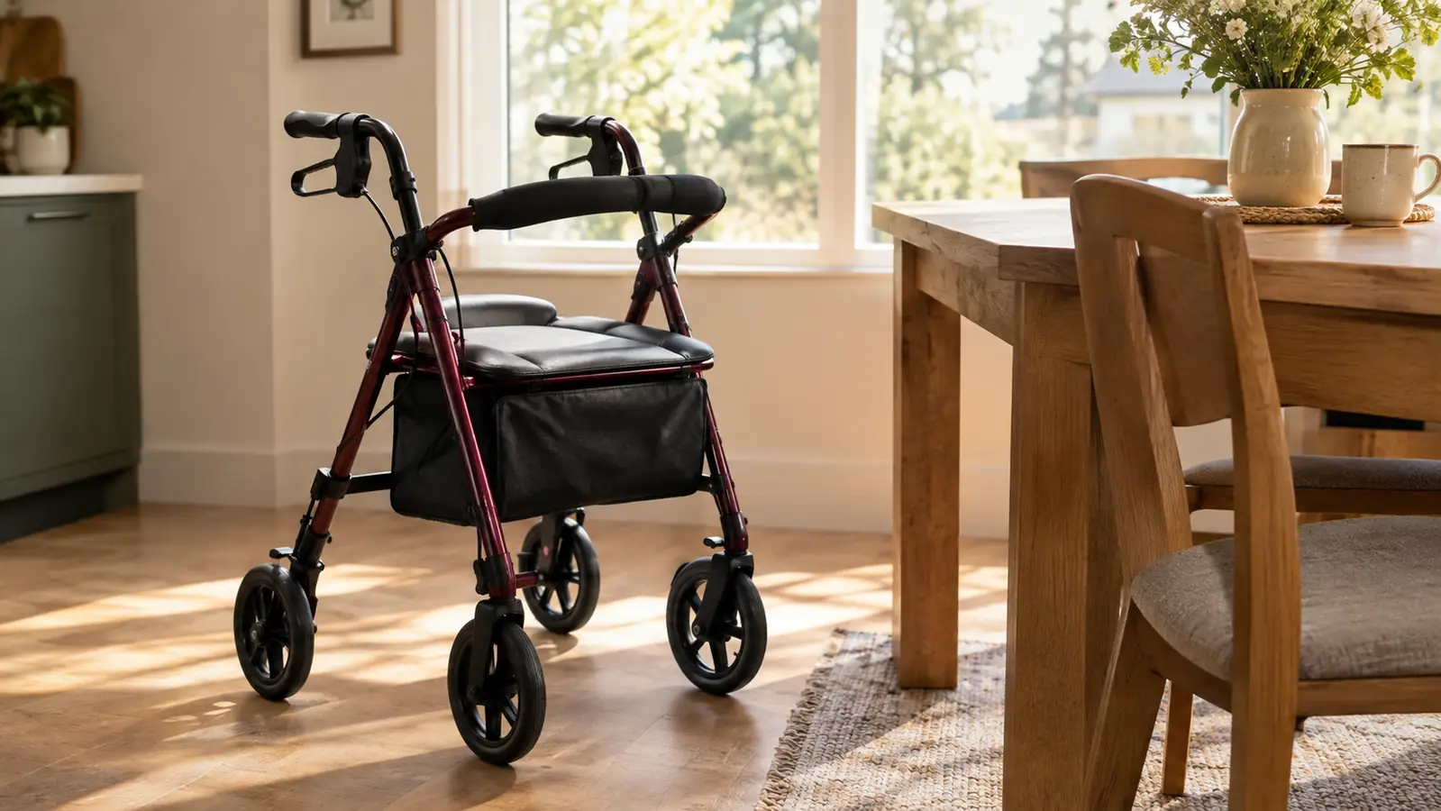 Rollator walker with seat parked next to a kitchen table in a bright home