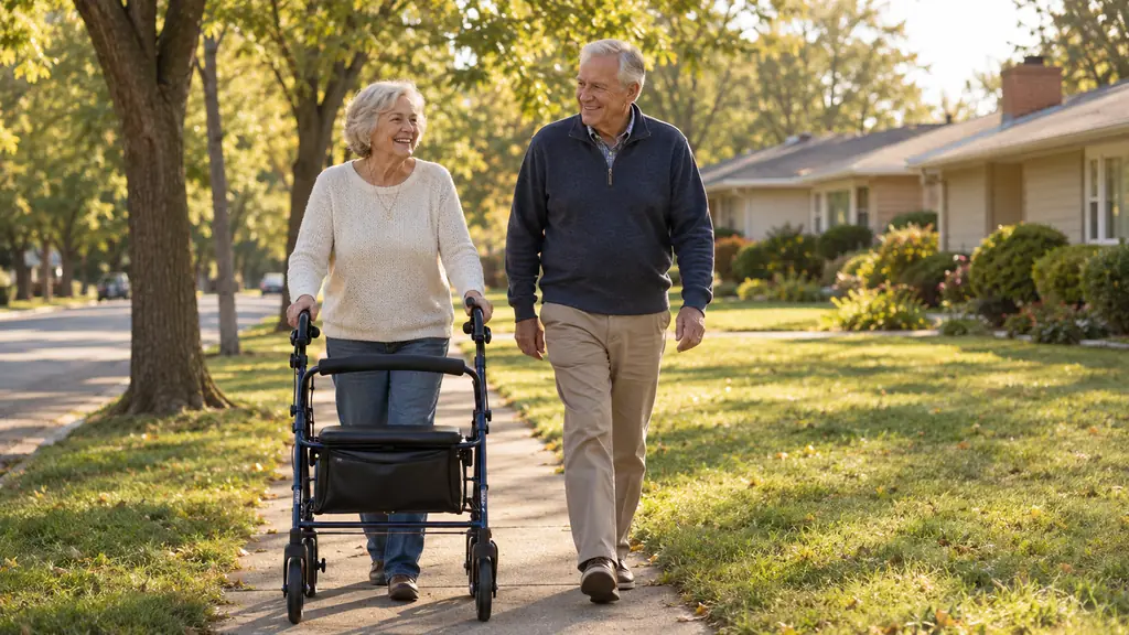 An older woman walking along a sunny suburban sidewalk with a rollator walker while her husband walks beside her