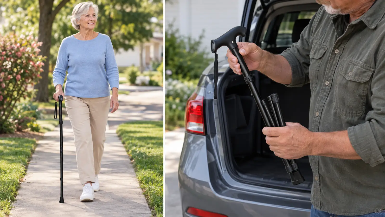 A woman in her seventies walking a neighbourhood sidewalk with a folding walking cane