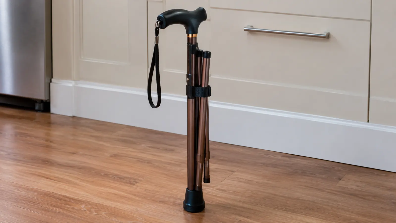 A folded walking cane standing upright on its base on a laminate kitchen floor next to a counter