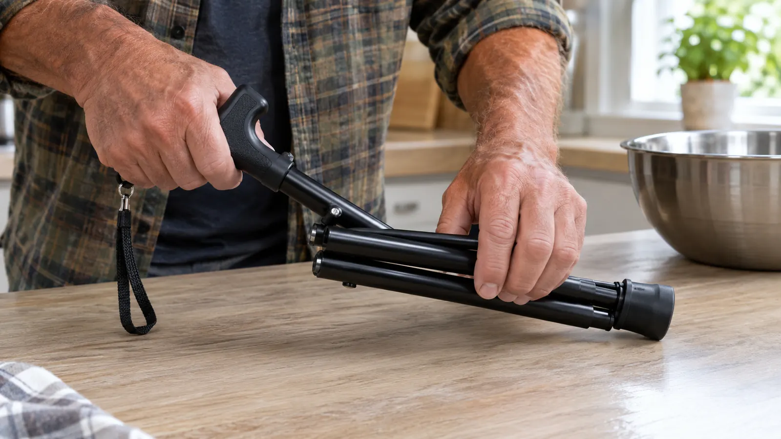 Hands folding a cane into its collapsed sections on a kitchen counter
