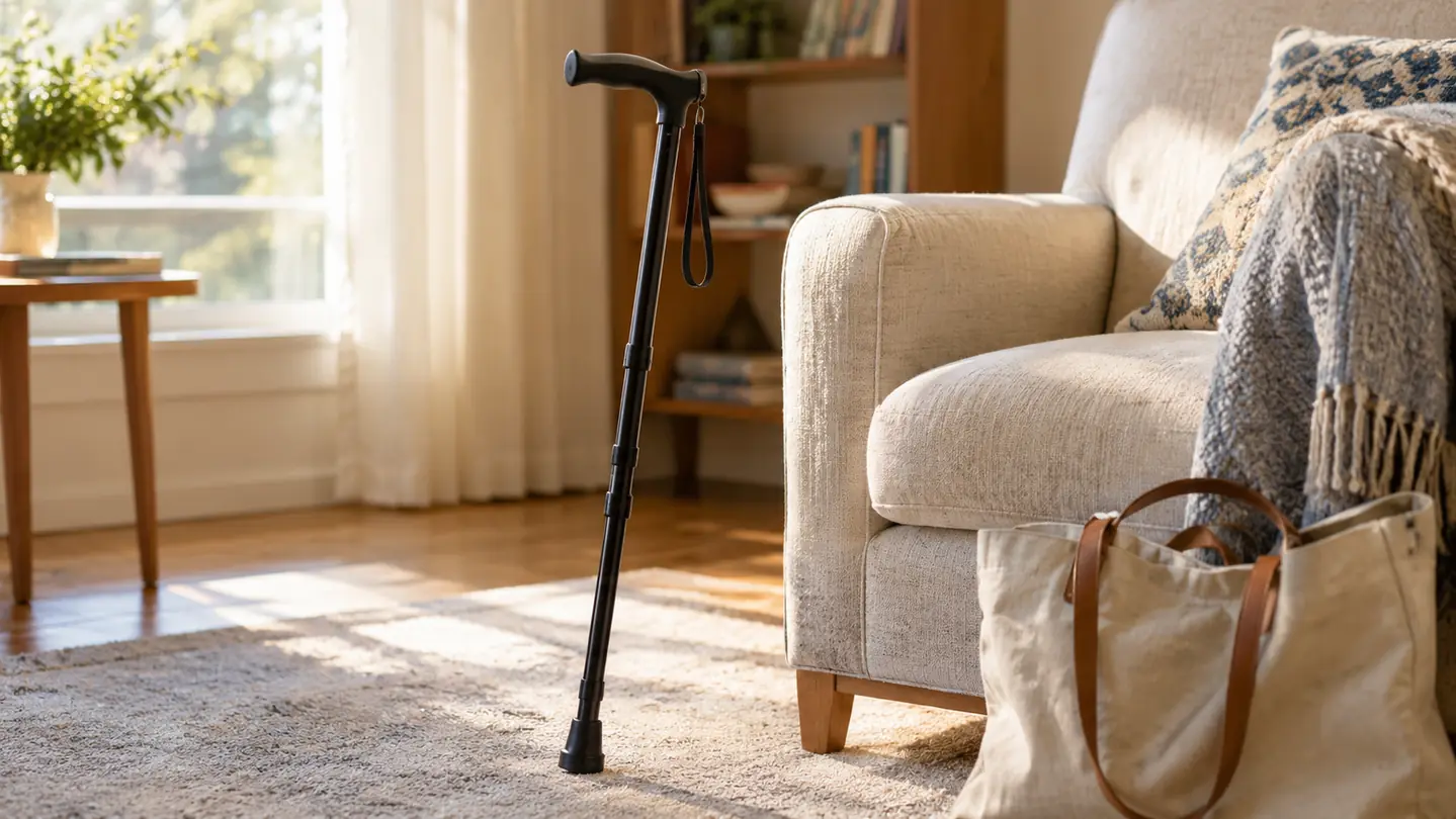 A folding cane standing upright on carpet beside an armchair in a living room