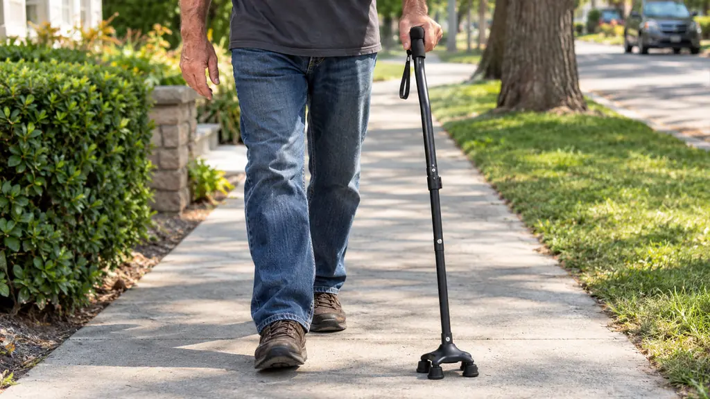A hand gripping a folding walking cane handle while walking on a neighbourhood sidewalk