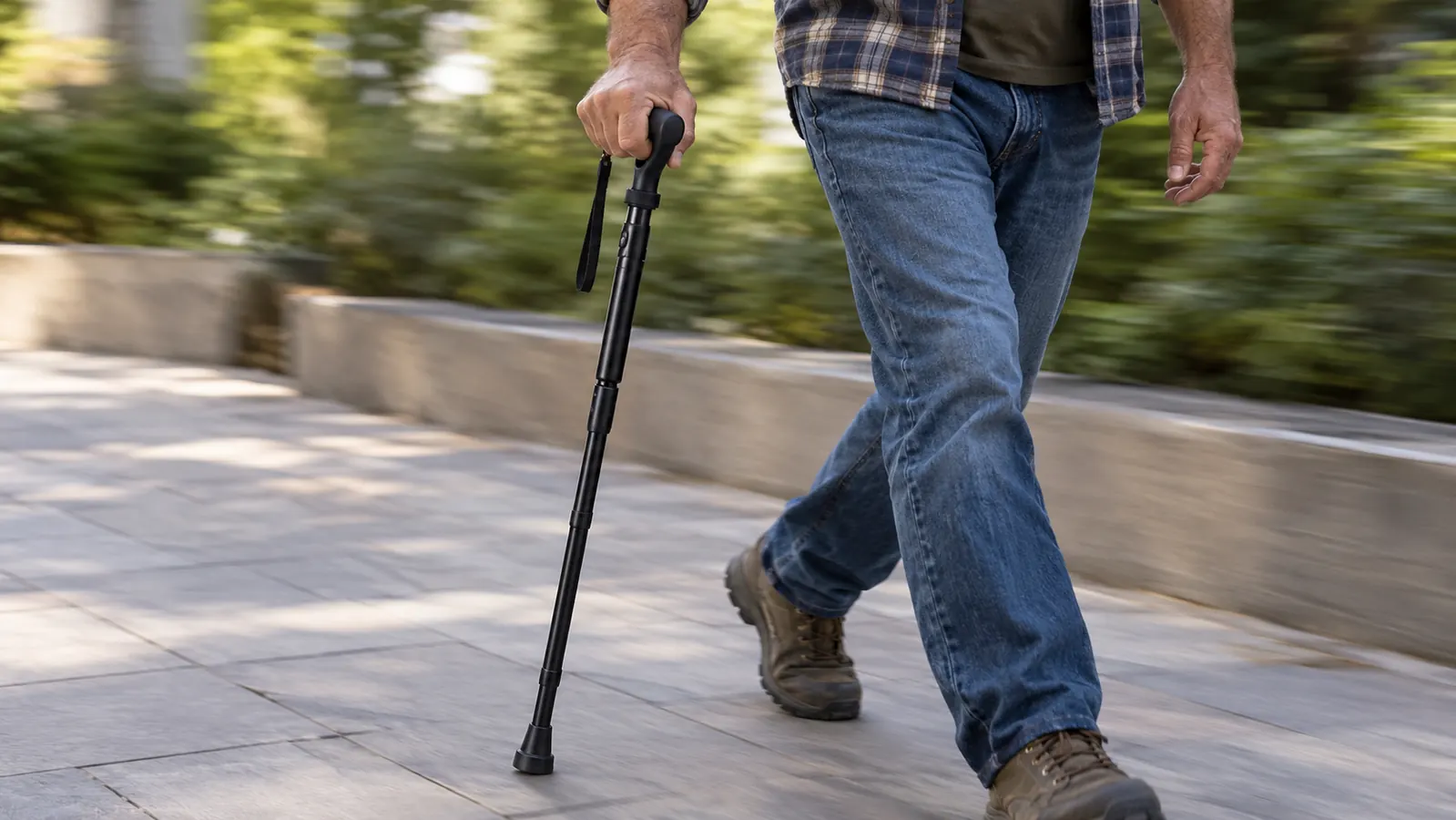 A hand holding the folding cane while walking on a paved sidewalk