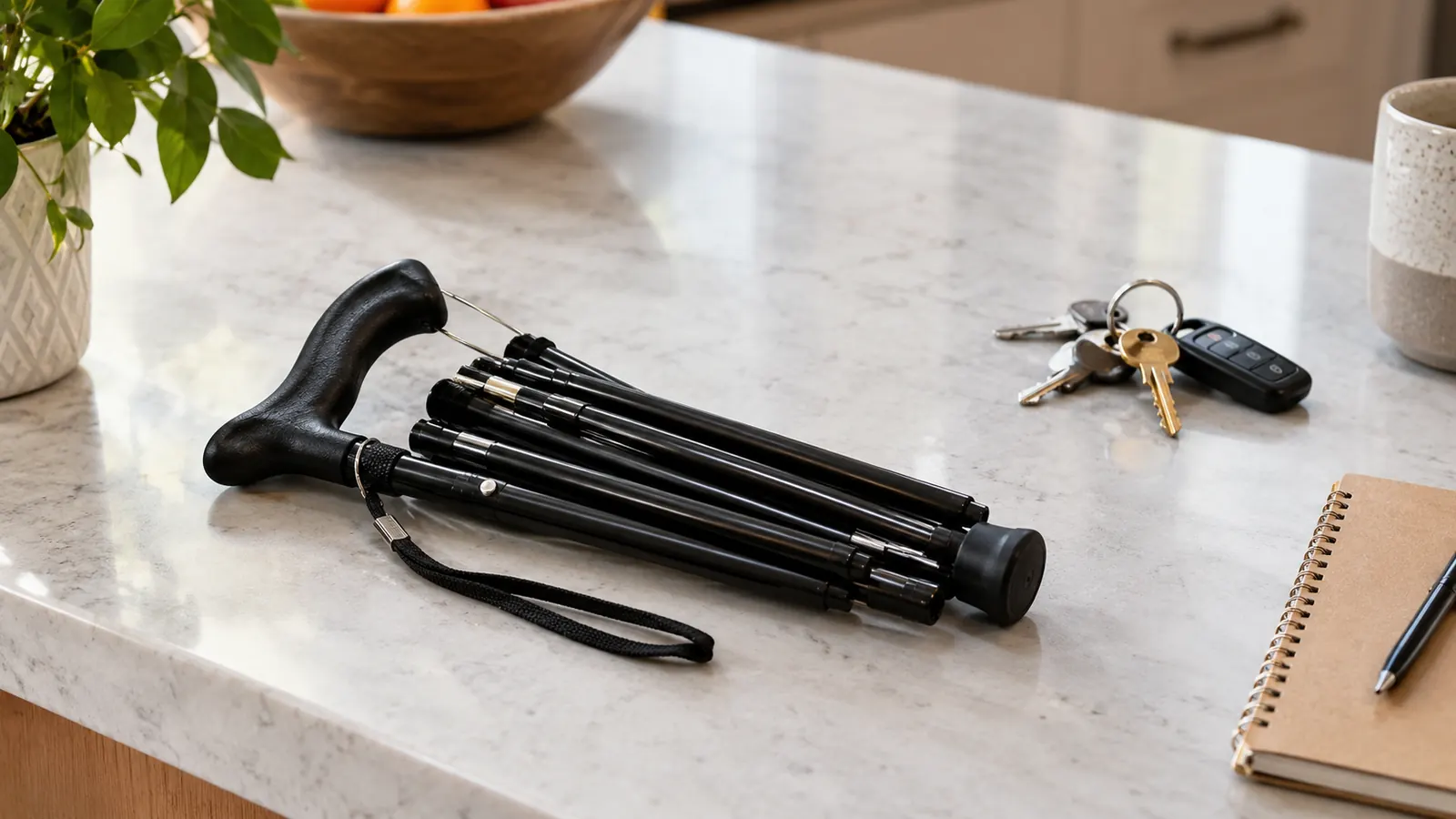 The folding cane collapsed into sections on a kitchen counter next to a set of keys