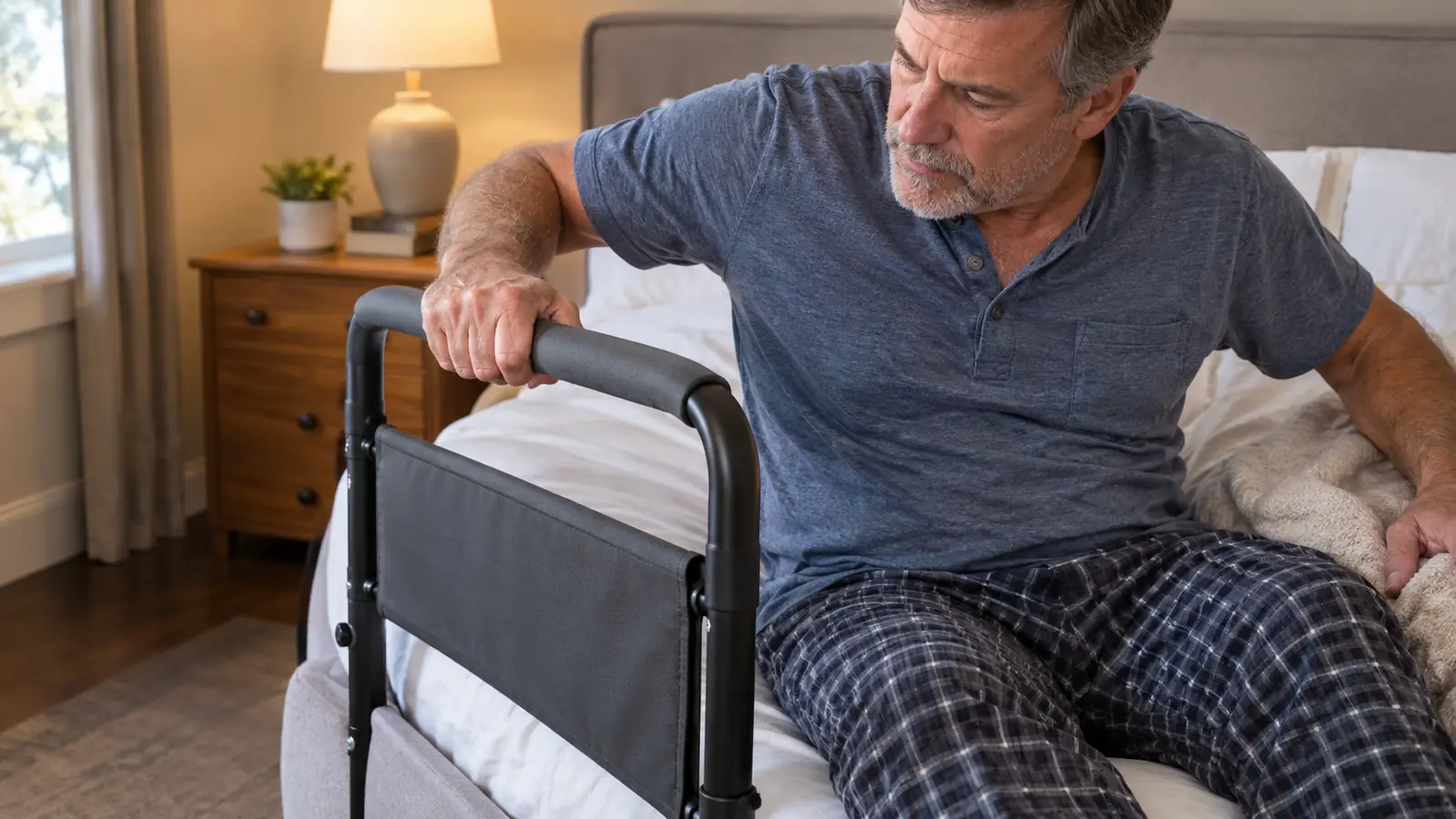 A hand gripping the grab bar of a bed rail beside a mattress
