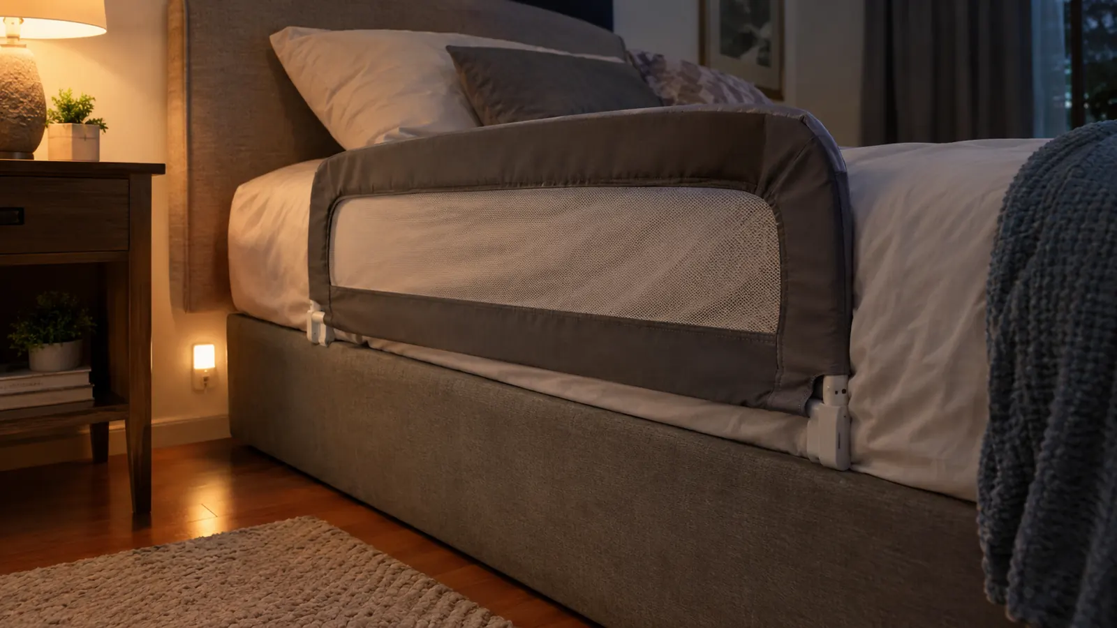 A bed rail mounted between a mattress and box spring in a tidy bedroom with a small nightlight near the floor