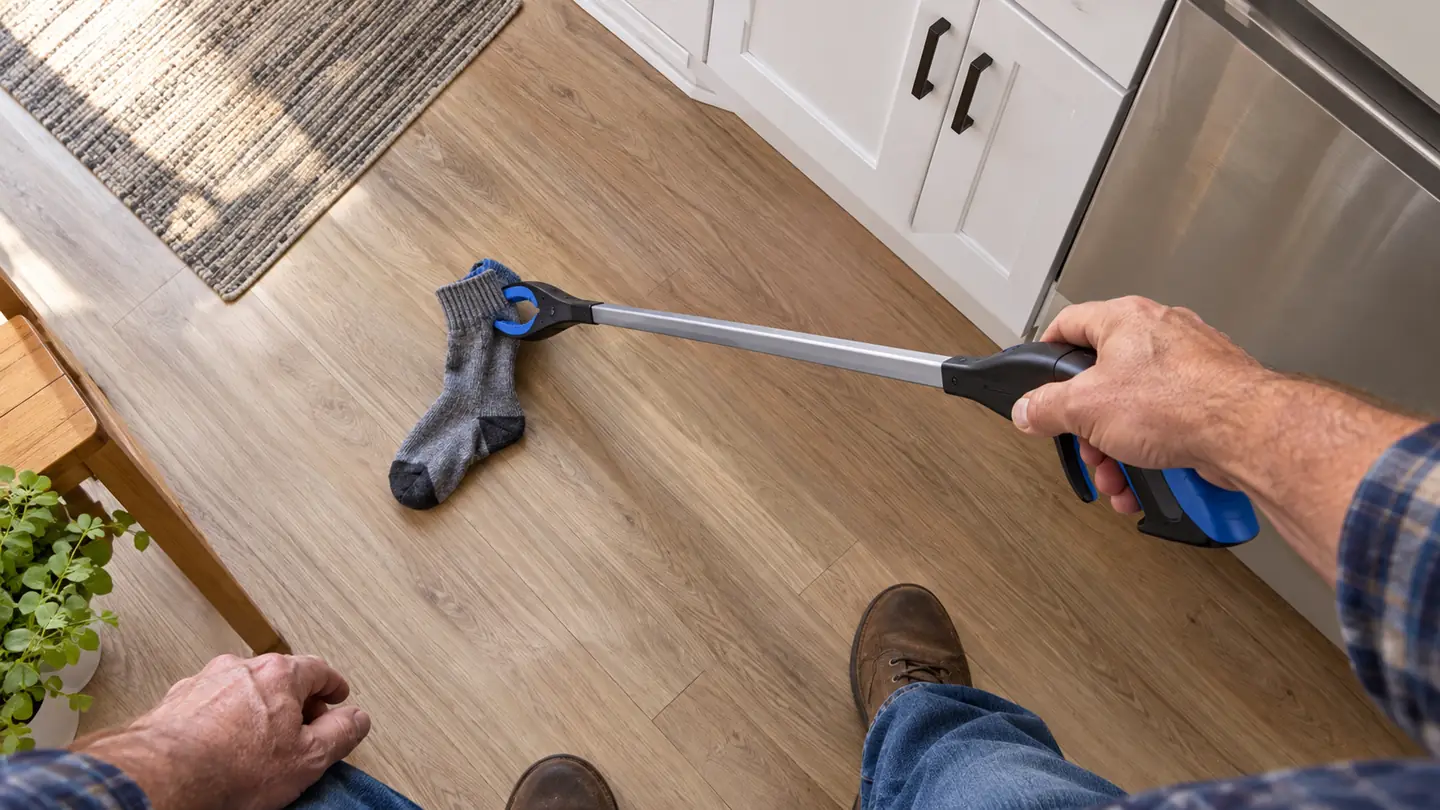 A hand using a reacher grabber to pick up a sock from a laminate floor