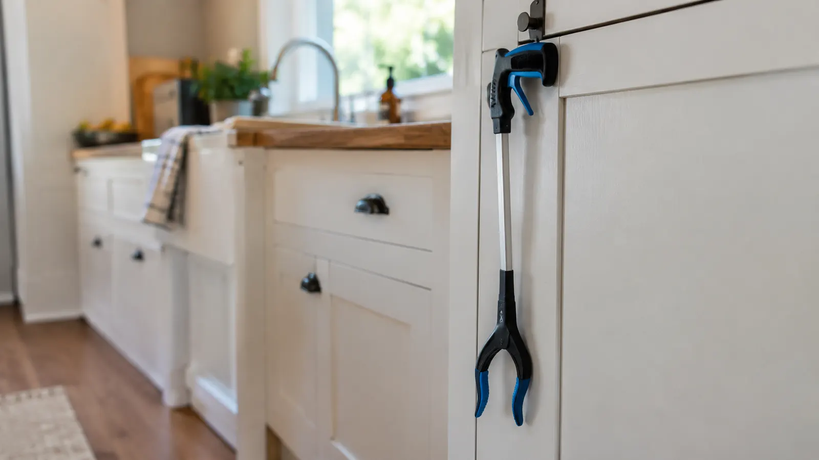 A reacher grabber hanging from a small hook on a kitchen cabinet door
