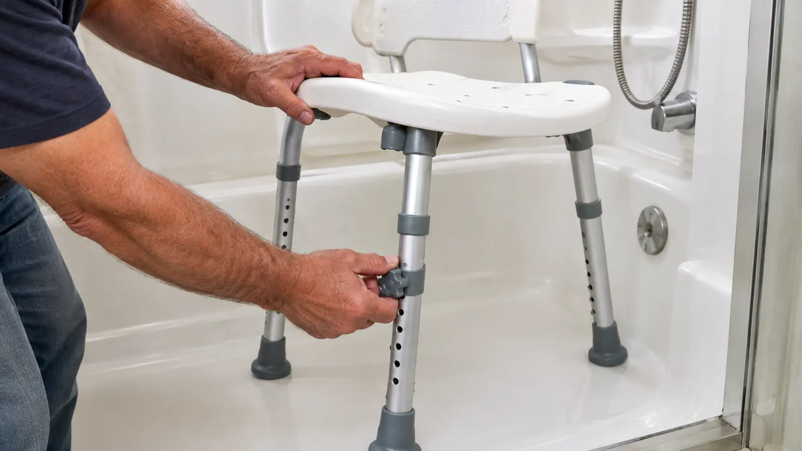 Hands adjusting the height adjustment knob on a shower chair placed inside a tub-shower combo