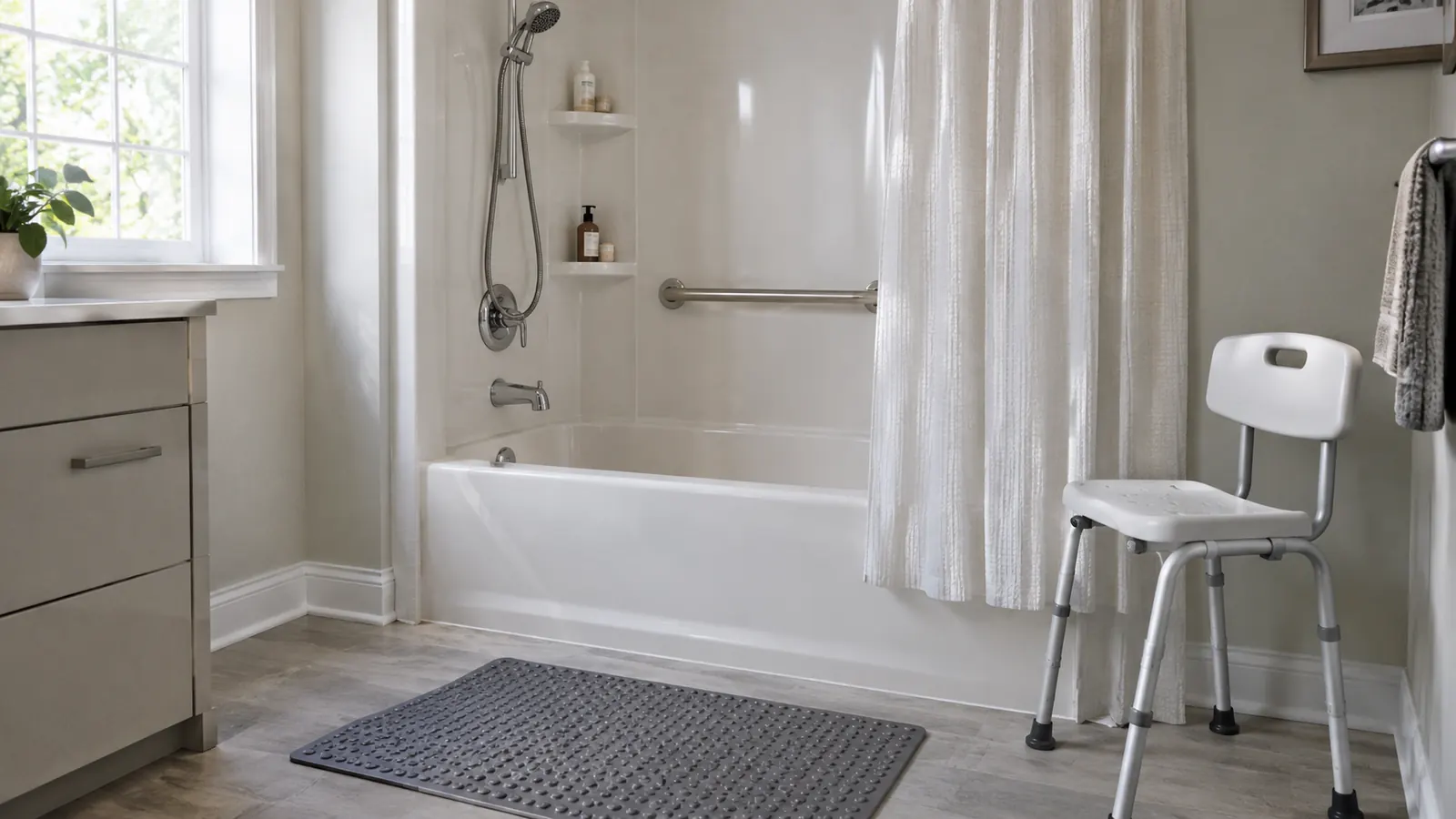 Shower chair beside a tub-shower combo with a non-slip mat on the bathroom floor