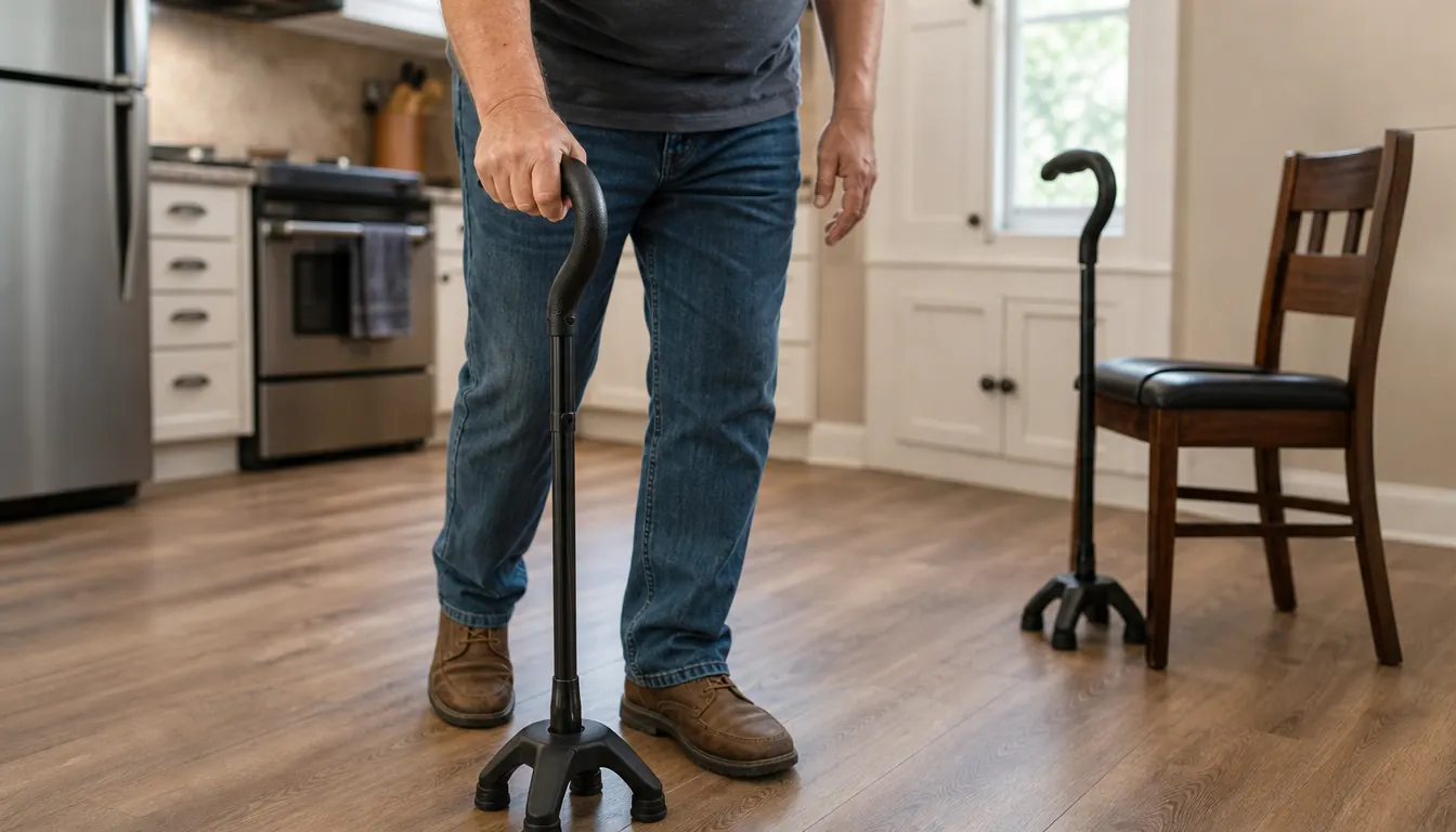 A hand gripping a walking cane handle while the cane moves forward across a laminate kitchen floor