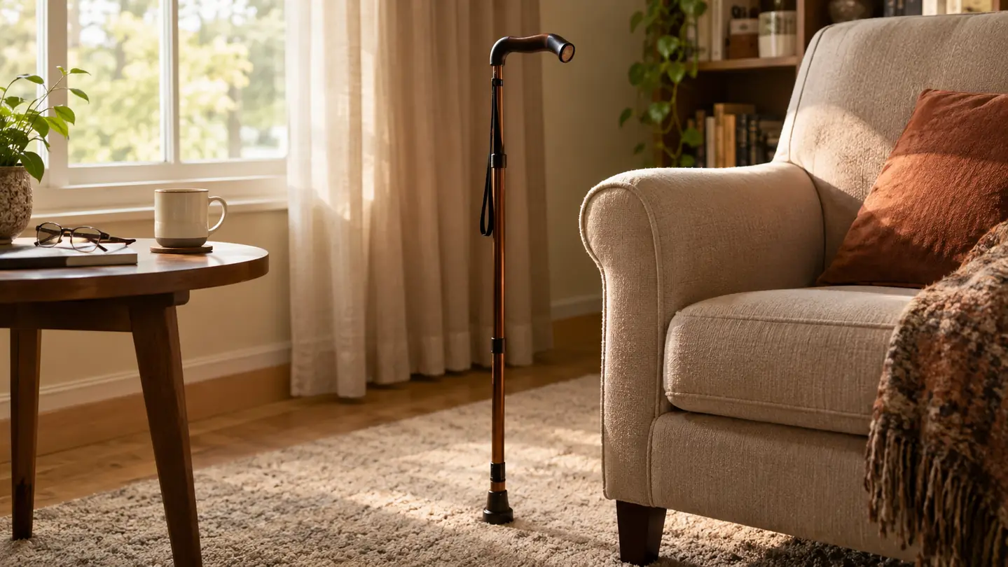 A walking cane standing upright on its own base beside an armchair in a carpeted living room