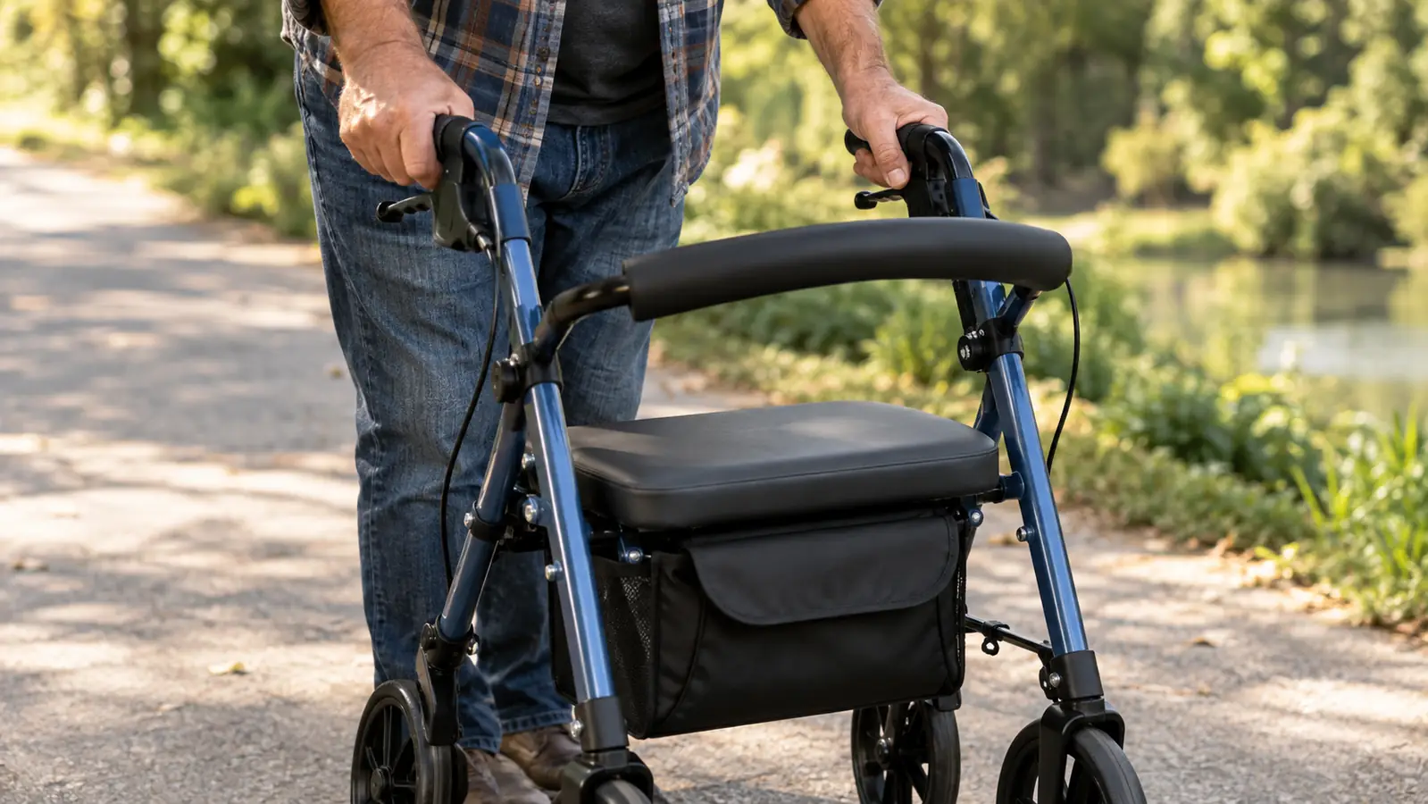 Hands resting on the handles of a rollator walker on a paved path.