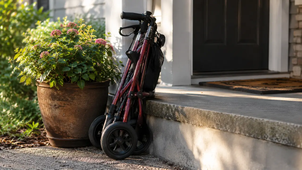 A rollator walker folded and leaning against a front porch step.