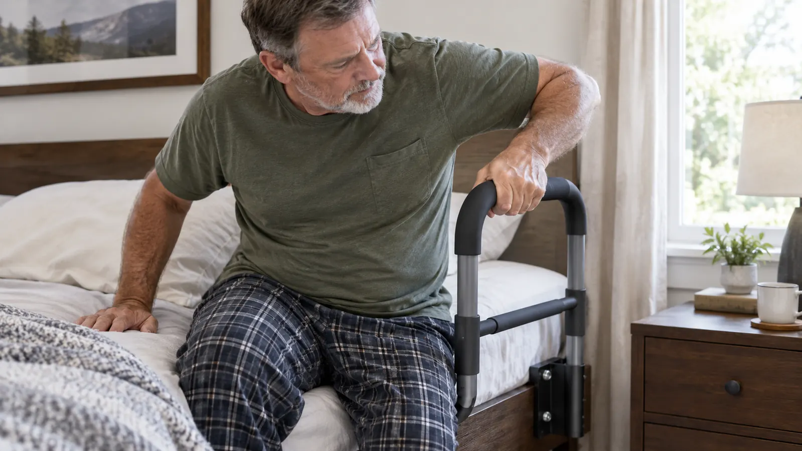 A close view of an older adult's hand gripping the non-slip grab bar of a bed rail while getting out of bed.