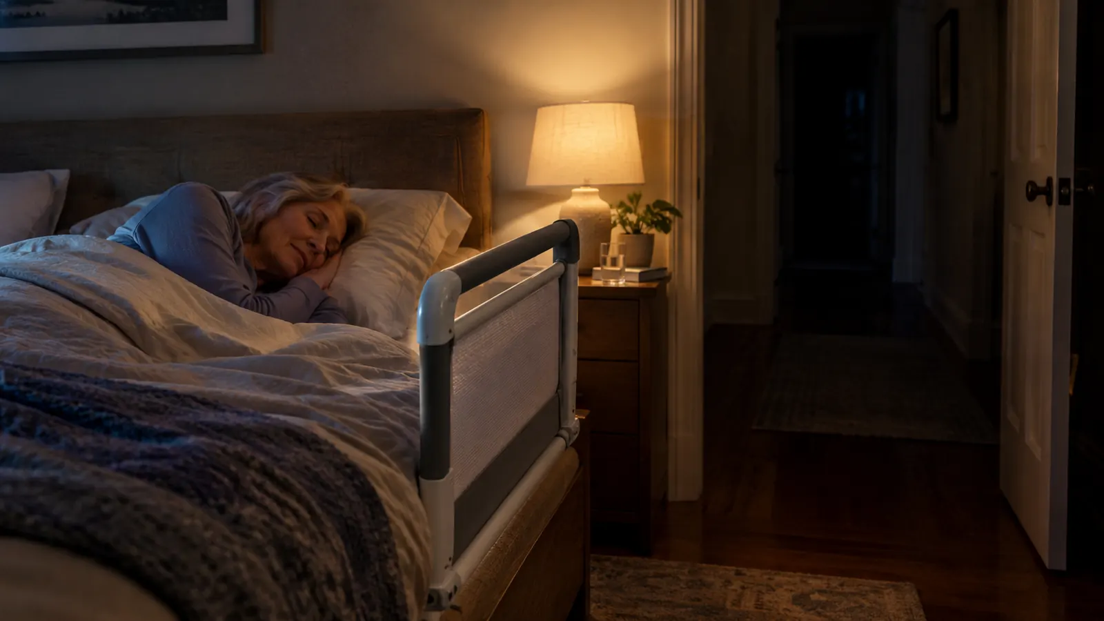 A quiet bedroom at night with a bed rail in place along the side of the bed and a lamp glowing on the nightstand.
