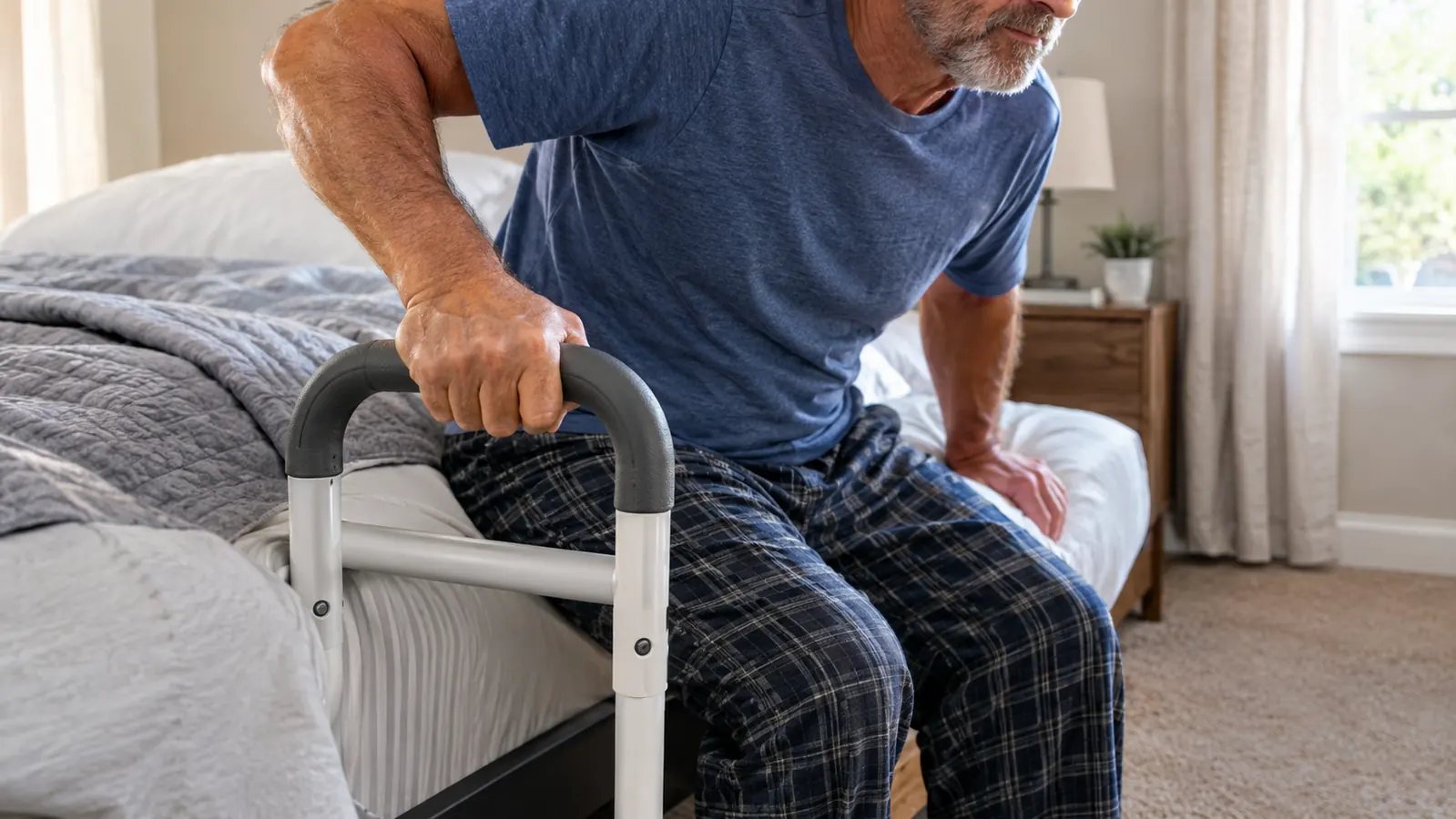 A hand gripping the non-slip grab bar of the bed rail while getting out of bed.