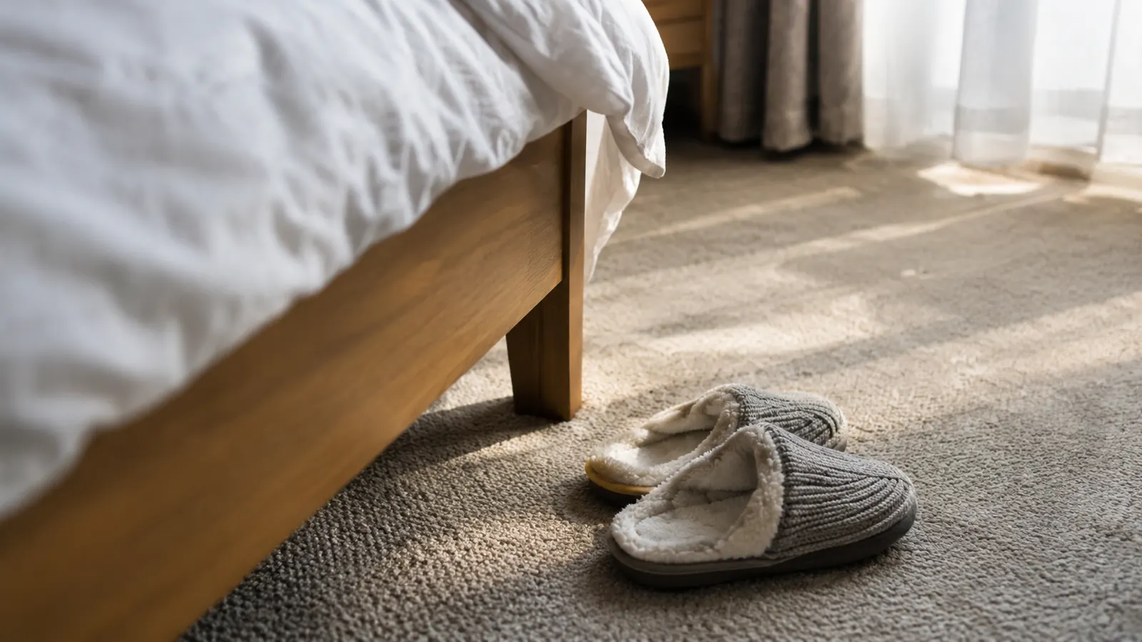 Slippers placed beside the bed where the rail makes getting up easier.
