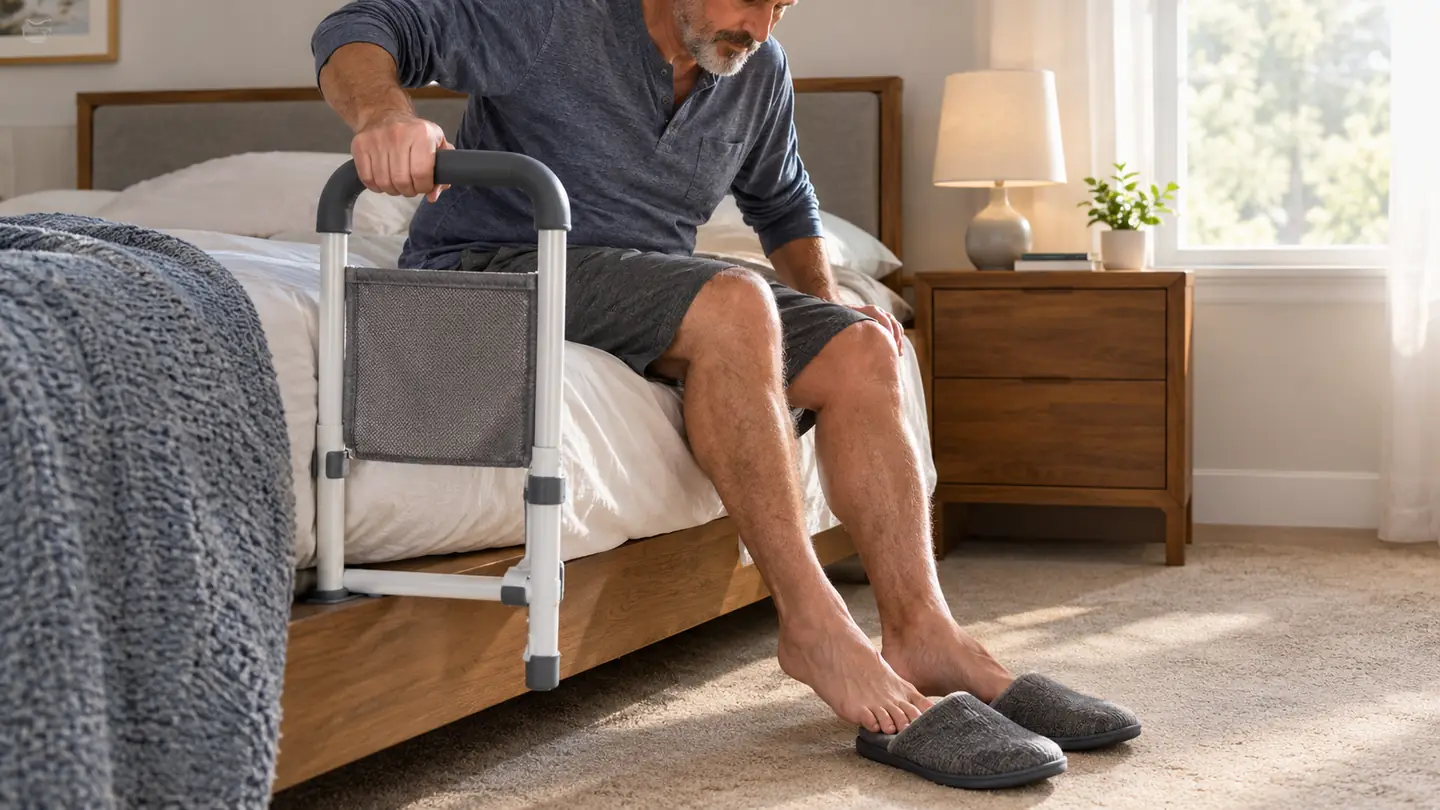 An older adult's hand gripping the bed rail's non-slip grab bar while getting out of bed