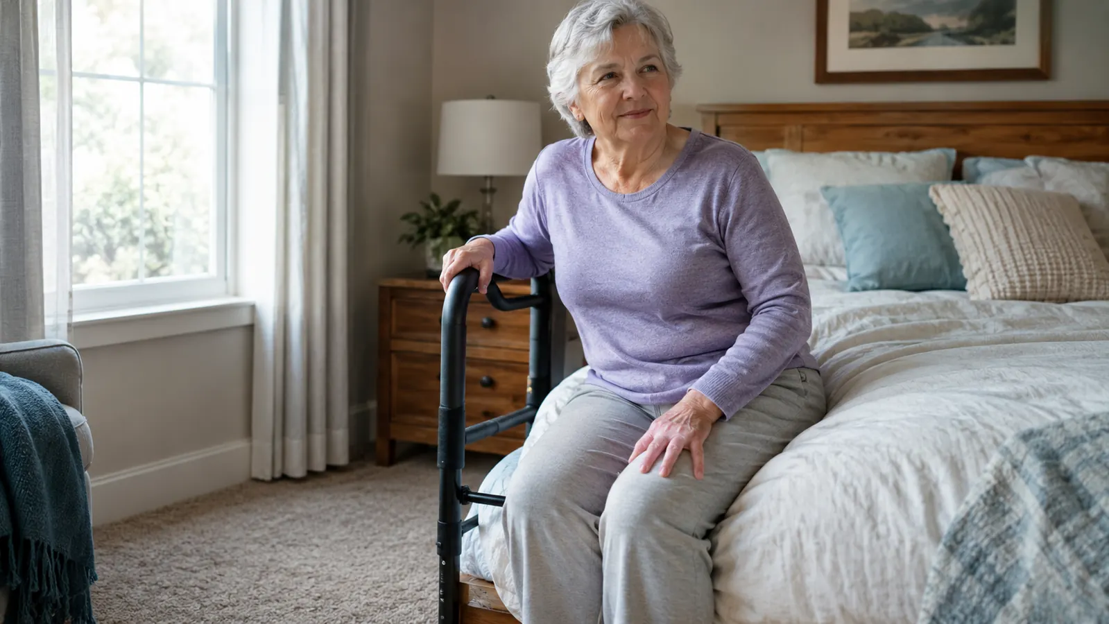 An older adult sitting on the edge of the bed with one hand resting on the bed rail grab bar