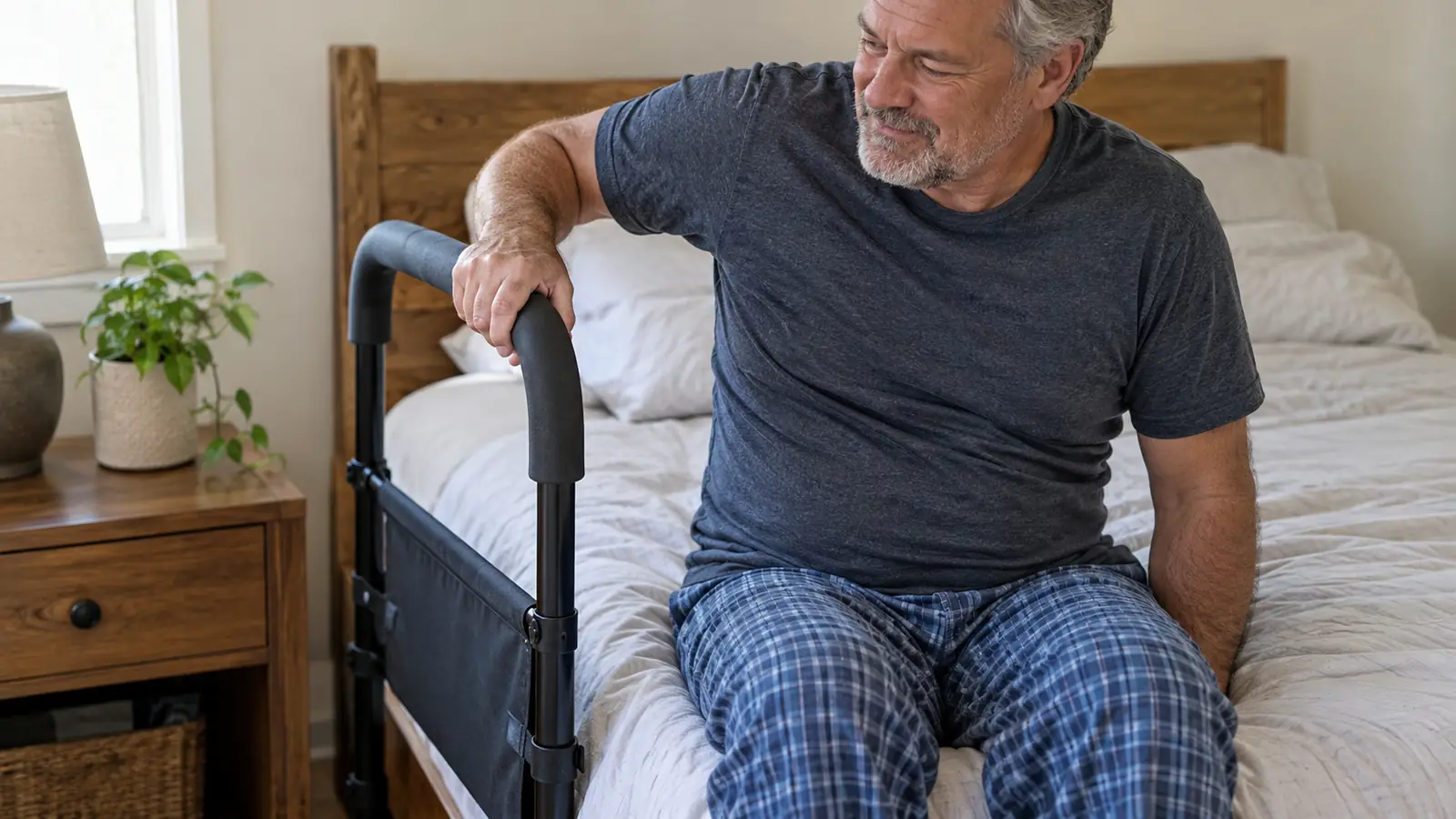 A hand gripping the padded grab bar of a bed assist rail while sitting up in bed