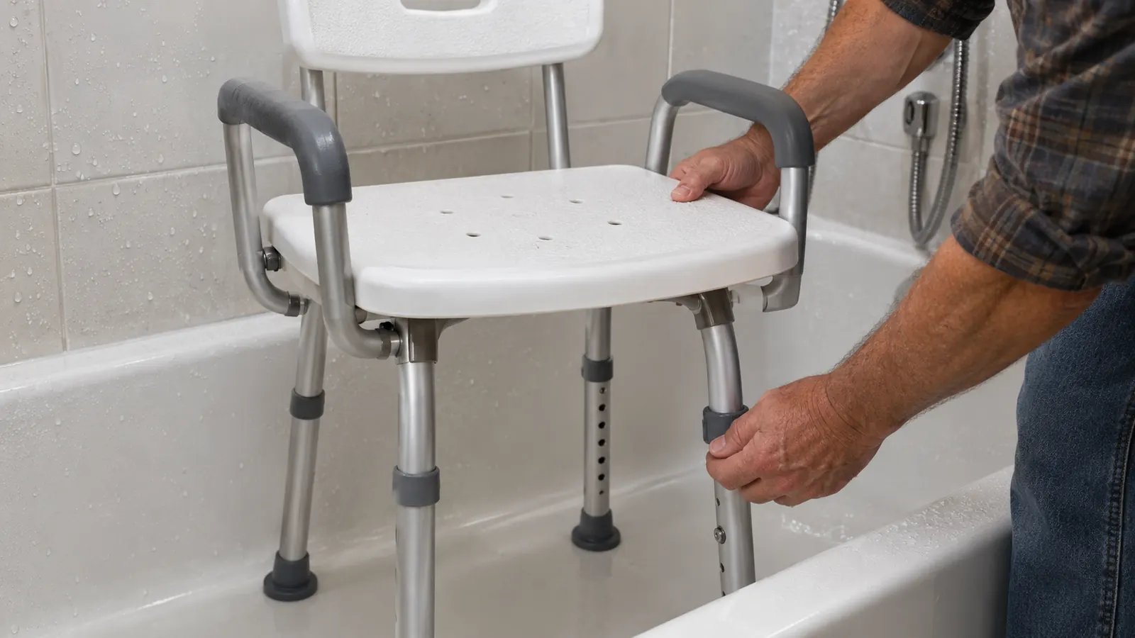 A caregiver's hand adjusting a shower chair seat inside a tub-shower combo