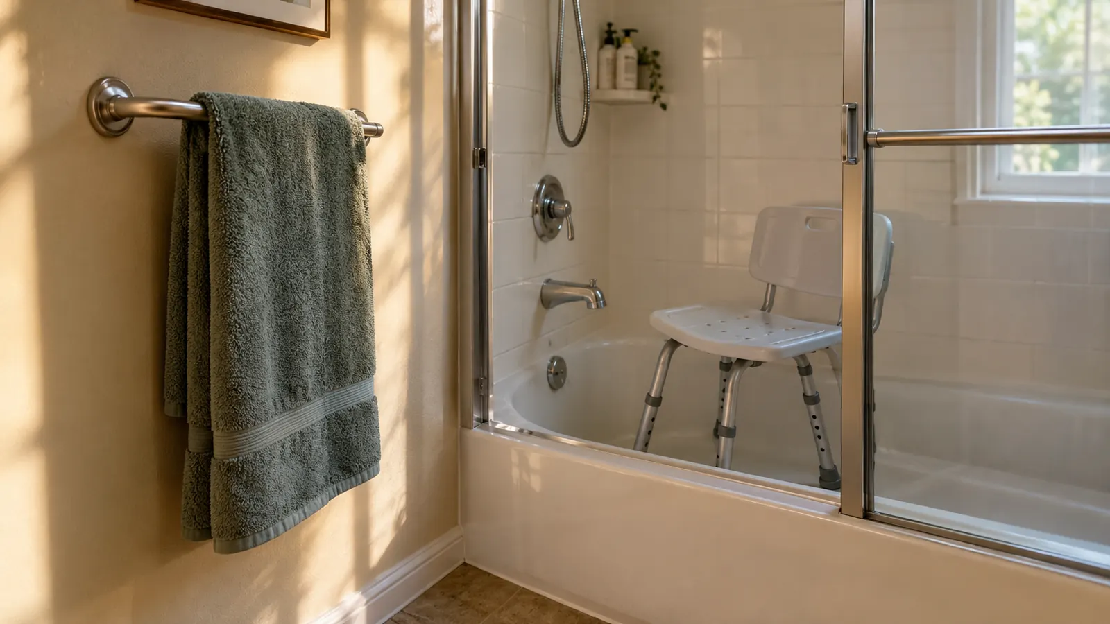 A folded bath towel on a towel bar beside a tub-shower combo