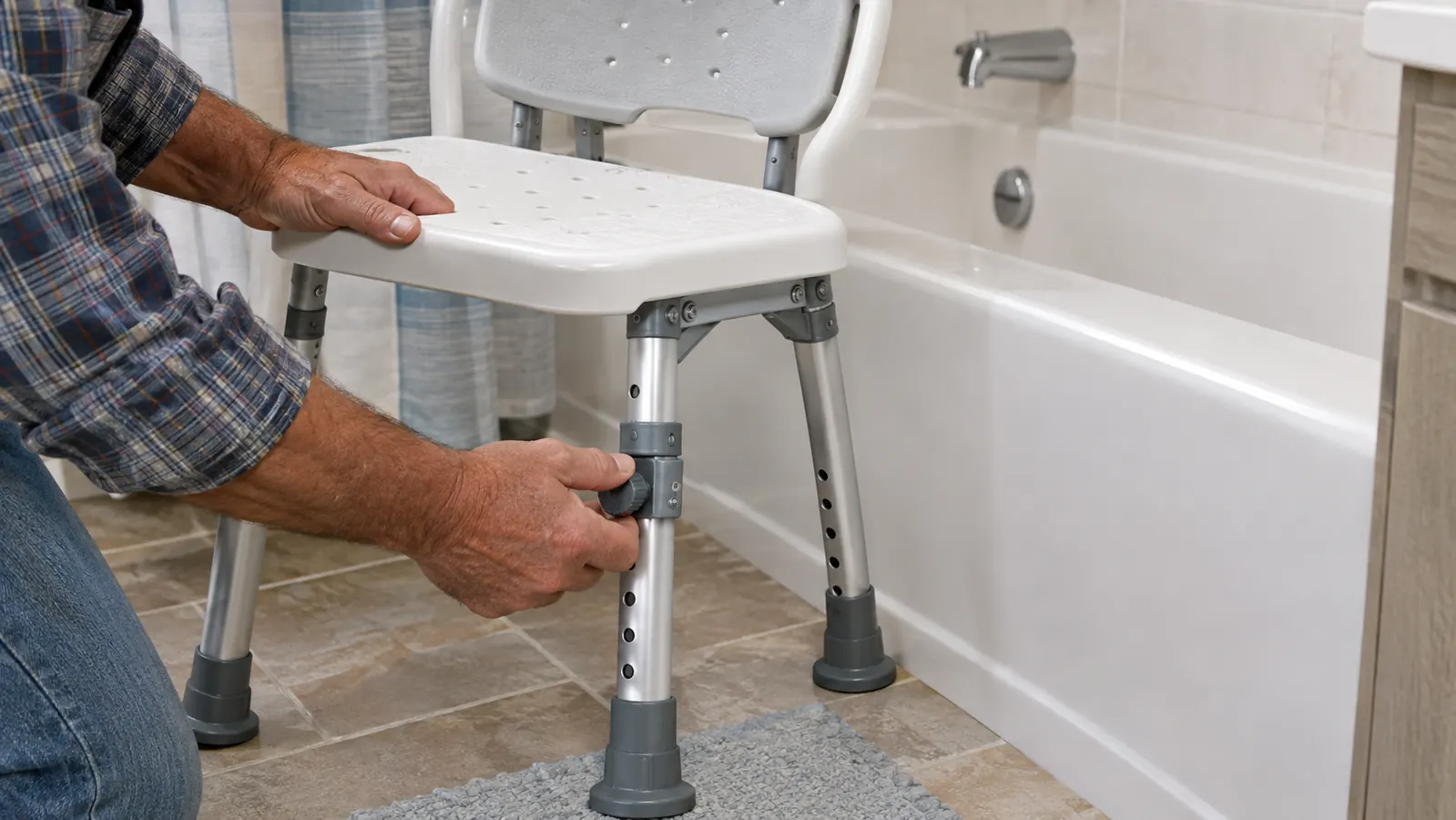 A person's hand adjusting the height of a shower chair leg beside a bathtub