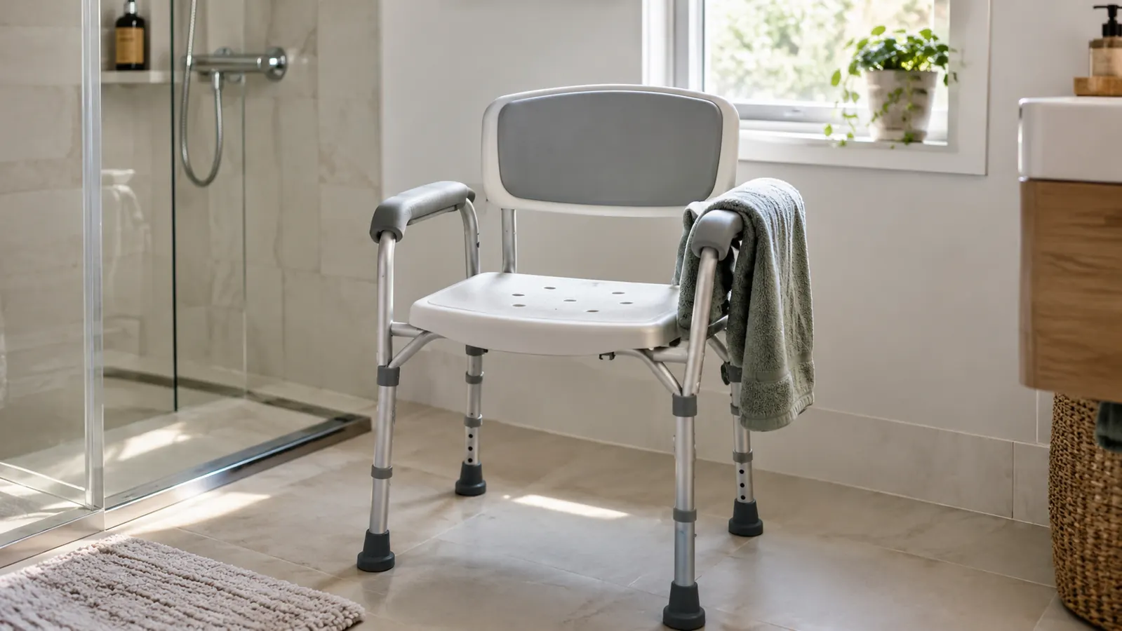 A folded bath towel draped over the padded armrest of a shower chair in a bright bathroom