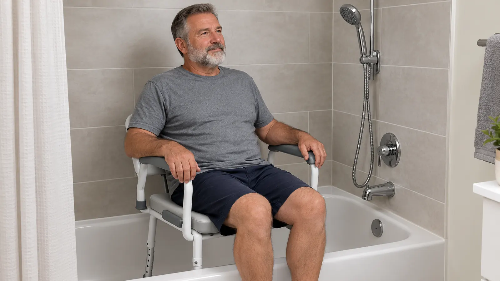 Older adult seated on the shower chair inside a tub, hands resting on the padded armrests.