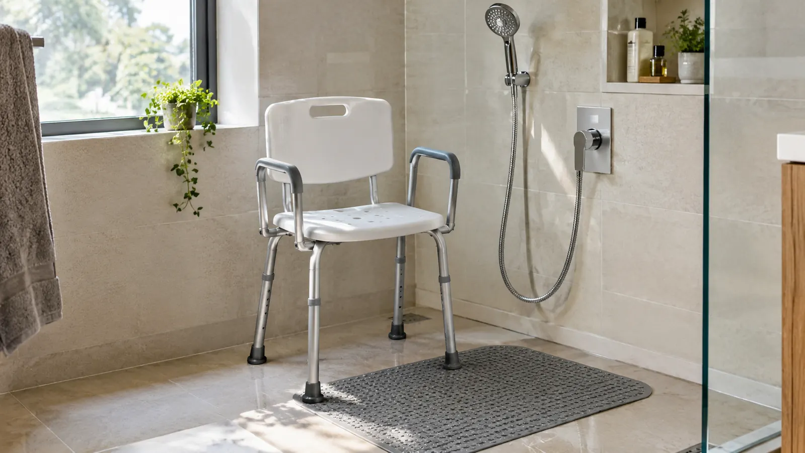 Shower chair with a back and padded armrests in a walk-in shower with a non-slip mat.