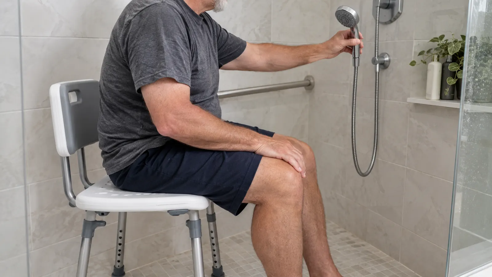 A person with a towel around their shoulders sits on the shower chair and reaches for a handheld shower head